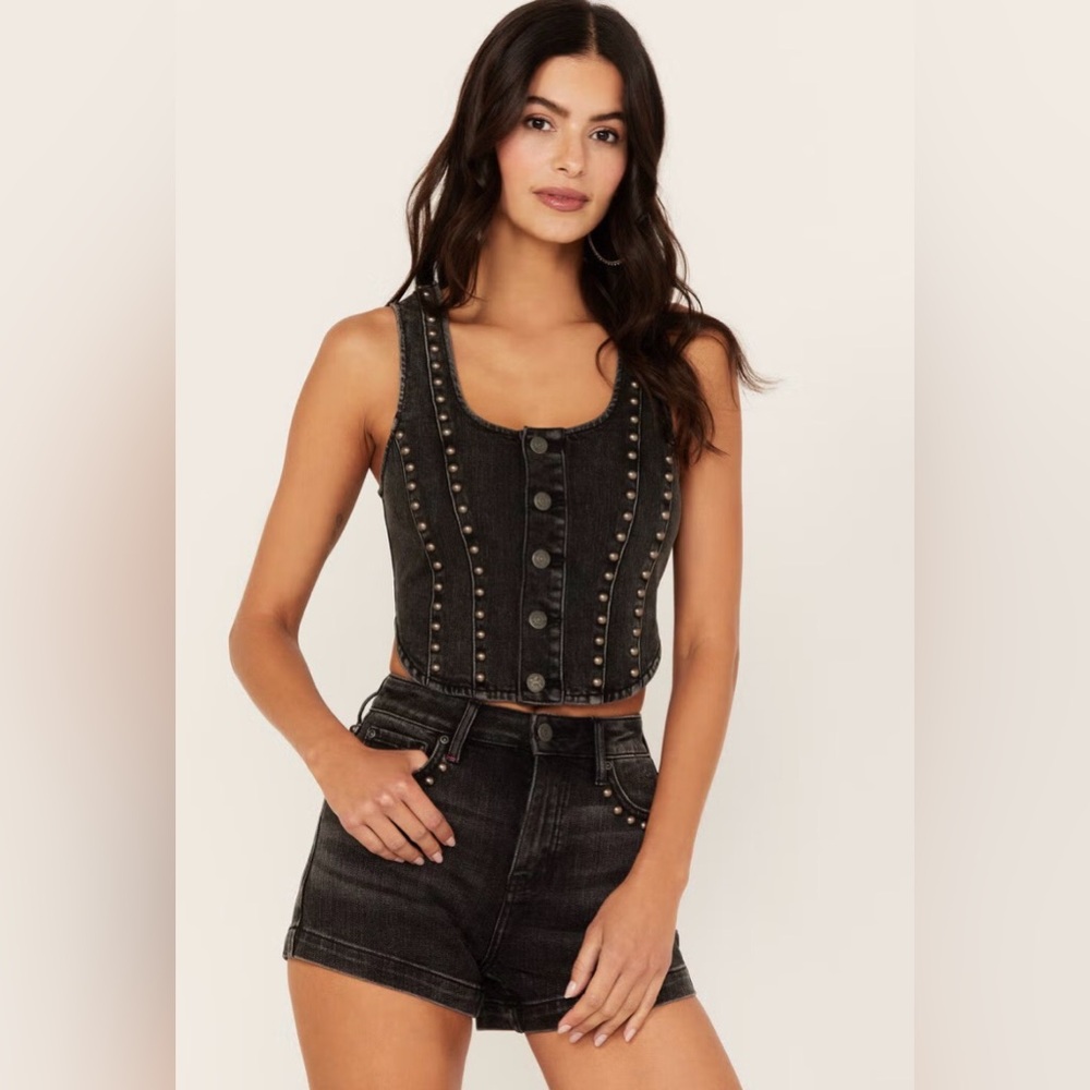 Black Studded Denim Crop Tank Top and Shorts